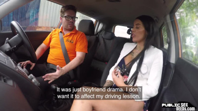 Busty driving student wants to rides instructor's cock on the backseat