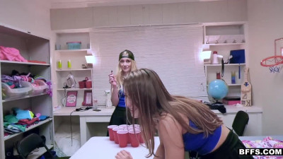 College BFFs sucking guy's dick during beer pong game