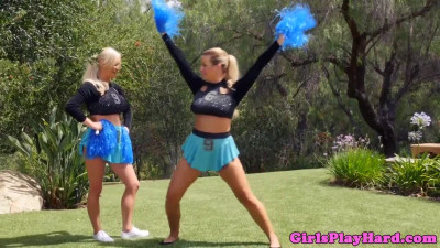 Curvaceous cheerleaders pleasuring each other's snatches on the couch