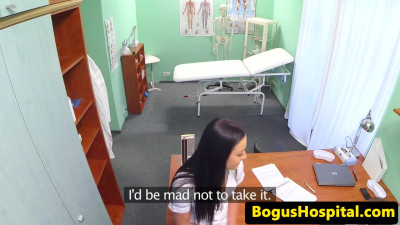 Doctor convinces the nurse to stay with oral and hardcore office sex