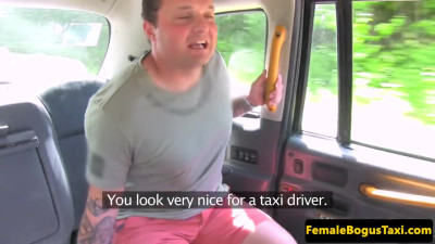 Sexy Brit cabbie with big boobies seduces and fucks passenger on the backseat