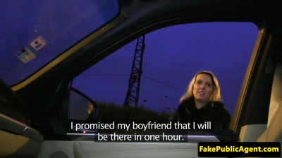 Blonde with glasses sucks the car driver's cock in public