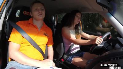 Beautiful babe licked and fucked outside by the driving instructor