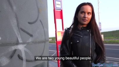 Real-life babe in leather jacket nailed in public