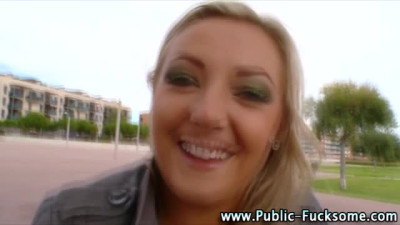 Busty blonde flashing and sucking in public