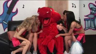 Costumed dude gets wanked by four cheerleaders