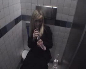 Hot German lesbians dildoing in public washroom